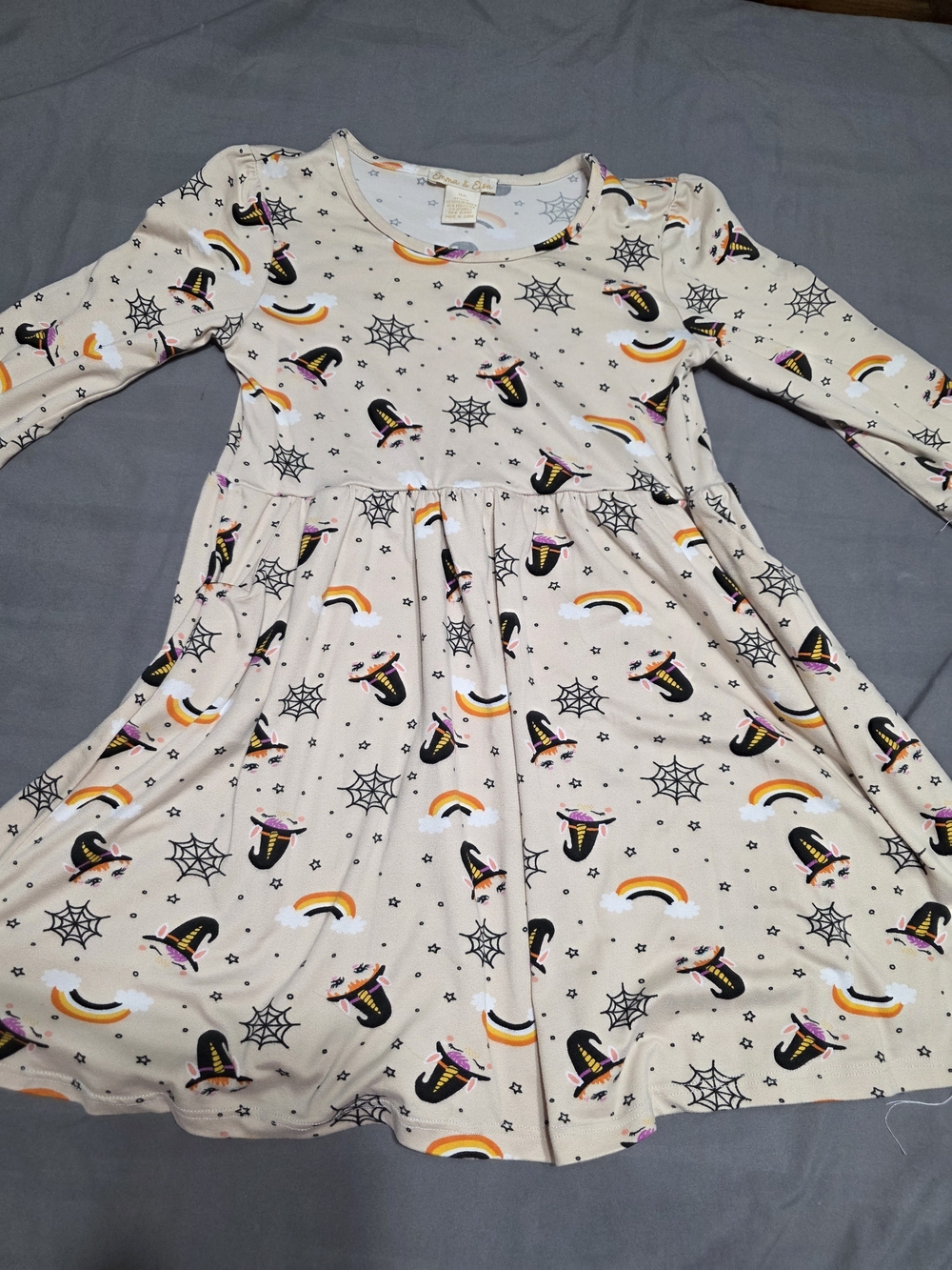 Girls' Halloween Witch & Rainbow Long Sleeve Dress - Cream